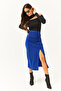 Women's Cobalt Blue Slit Drape Detailed Zippered Midi Sandy Skirt ETK-19000229 - 4