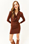 Women's Bitter Brown Padded Collar Mini Dress ELB-19001976 - 5