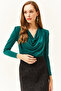 Women's Emerald Green Padded Pleated Collar Blouse BLZ-19002419 - 4