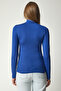 Women's Blue High Collar Saran Stretchy Knitted Blouse UB00200 - 5