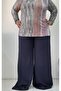 Navy blue elasticated summer wide-leg combed cotton viscose trousers skirt with a waist bodice - 2