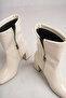 Women's Beige Patent Leather Medium Size Blunt Toe Heeled Boots - 6