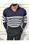 Navy Blue Men's Striped Polo Neck Knitwear Sweater - 2
