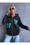 Women's Hooded Green Butterfly Printed Black Zipper Cardigan