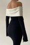 Women's Black Knitwear Fabric Madonna Collar Hem Wide Cut Long Sleeve Black White Dress 181 - 2