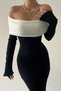 Stretchy Knitwear Fabric Carmen Collar Design Pencil Cut Long Sleeve Black White Maxi Dress 181 - 8