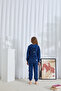 Navy Blue Patterned Bottom-Top Fleece Hooded Embroidered Pajama Set - 5