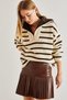 Women's Beige Brown Fur Collar Striped Zippered Knitwear Sweater 20234217