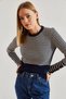 Women's Navy Blue Cream Buttoned Sleeves Striped Knitwear Sweater 20234212 - 7