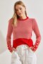 Women's Red Cream Buttoned Sleeves Striped Knitwear Sweater 20234212 - 4