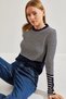 Women's Navy Blue Cream Buttoned Sleeves Striped Knitwear Sweater 20234212 - 8