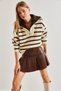 Women's Beige Brown Fur Collar Striped Zippered Knitwear Sweater 20234217 - 4
