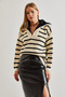Women's Beige Black Fur Collar Striped Zippered Knitwear Sweater 20234217 - 6