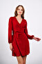 Red V-Neck Button Detailed Dress - 3