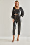 Women's Black Double Pleated Leather Trousers 60021012 - 5