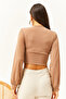 Women's Biscuit Deep Decollete Waist Banded Crop Blouse BLZ-19001696 - 6