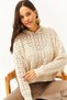 Women's Ecru Hooded Curved Cotton Knit Sweatshirt KZK-19000664 - 3