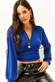 Women's Cobalt Blue Deep Decollete Waist Banded Crop Blouse BLZ-19001696 - 3
