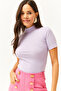 Women's Lilac High Collar Thick Ribbed Lycra Crop Blouse BLZ-19002075 - 3
