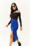 Women's Cobalt Blue Slit Drape Detailed Zippered Midi Sandy Skirt ETK-19000229 - 3