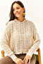 Women's Ecru Hooded Curved Cotton Knit Sweatshirt KZK-19000664 - 2