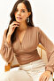 Women's Biscuit Deep Decollete Waist Banded Crop Blouse BLZ-19001696 - 2