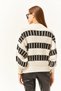 Women's Stone Black Crew Neck Striped Knitwear Sweater KZK-19000682 - 6