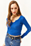 Women's Cobalt Blue Collar Detailed Corded Crop Blouse BLZ-19002423 - 2