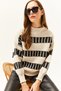 Women's Stone Black Crew Neck Striped Knitwear Sweater KZK-19000682 - 4