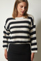 Women's Cream Black Striped Openwork Knitwear Sweater RV00151 - 3