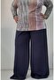 Navy blue elasticated summer wide-leg combed cotton viscose trousers skirt with a waist bodice - 5