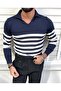 Navy Blue Men's Striped Polo Neck Knitwear Sweater