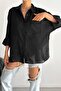 Women's Black New Season Poor Sleeve Single Pocket Oversize Cotton Shirt - 2