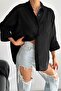 Women's Black New Season Poor Sleeve Single Pocket Oversize Cotton Shirt
