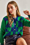 Women's Cobalt blue Green Patterned Buttoned Knitwear Cardigan 20234162 - 6