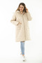 Women's Large Size Beige Front Leather Hooded Quilted Lined Long Coat 65N37106 - 5