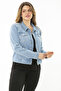 Women's Large Size Blue Metal Buttoned Lycra Denim Coat 65N37113 - 2