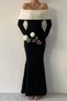 Stretchy Knitwear Fabric Carmen Collar Design Pencil Cut Long Sleeve Black White Maxi Dress 181