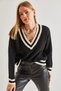 Women's Black Beige V-Neck Striped Knitwear Sweater 20234225