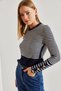 Women's Navy Blue Cream Buttoned Sleeves Striped Knitwear Sweater 20234212 - 6