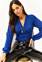 Women's Cobalt Blue Deep Decollete Waist Banded Crop Blouse BLZ-19001696 - 2