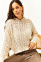 Women's Ecru Hooded Curved Cotton Knit Sweatshirt KZK-19000664