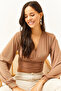 Women's Biscuit Deep Decollete Waist Banded Crop Blouse BLZ-19001696 - 4