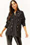 Women's Black Oval Woven Shirt with Stone Embellished Collar and Front GML-19001149 - 3