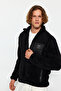 Black Unisex Regular/Normal Cut Stand Collar Zippered Plush Cardigan-Sweatshirt TMNAW24SW00089 - 4