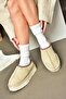 R612047302 Beige Suede Thick Soled Women's Slippers with Hairy Inside - 3