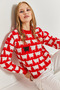 Women's Red and White Sheep Patterned Knitwear Sweater 20234156 - 5