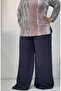 Navy blue elasticated summer wide-leg combed cotton viscose trousers skirt with a waist bodice - 3