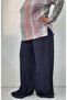 Navy blue elasticated summer wide-leg combed cotton viscose trousers skirt with a waist bodice - 7