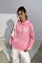 Women's Pink Heart Printed Oversize Hooded Sweatshirt - 2